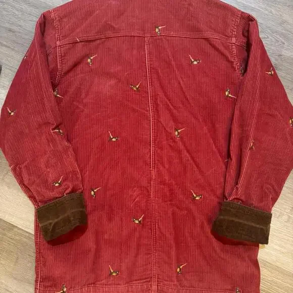 Rare Womens Small Red L.L.Bean corduroy chore jacket with embroidered Pheasants - Picture 5 of 7